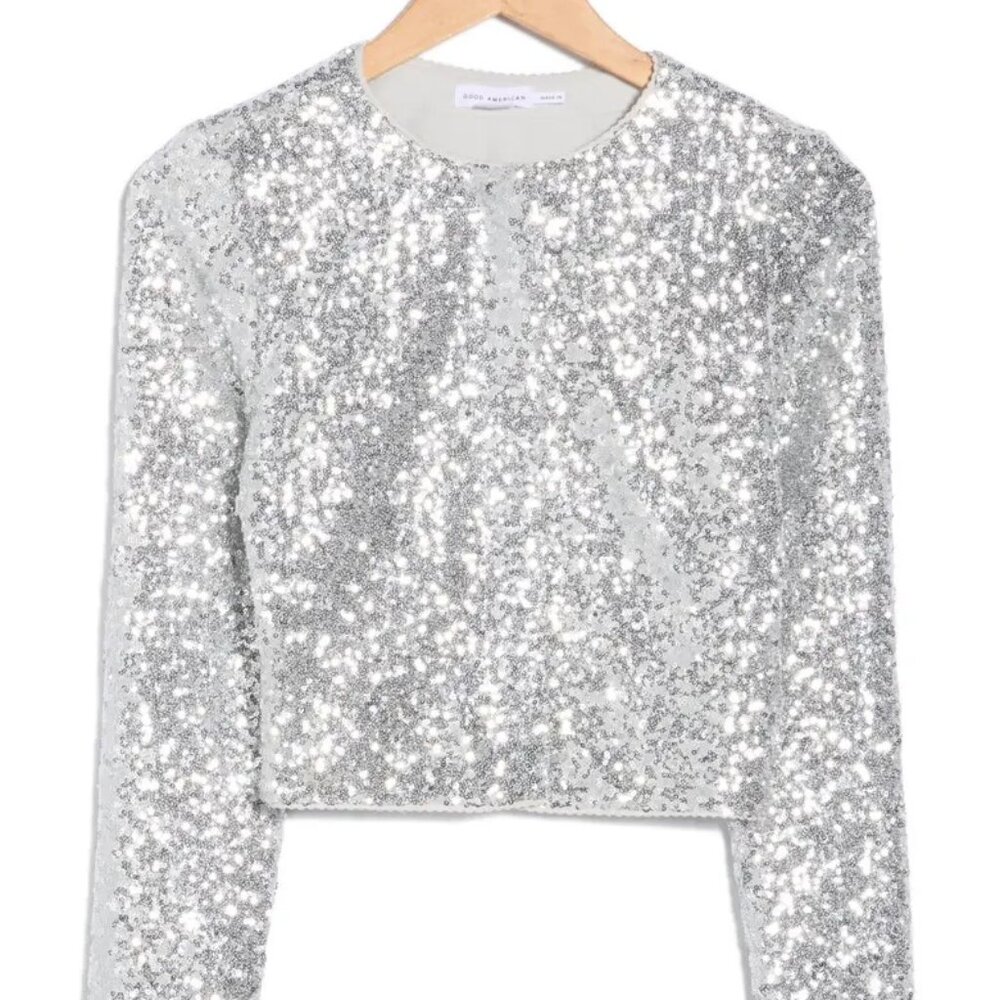 Good American Cluster Sequin Cropped Cardigan Metallic Silver Sparkle Small NWT